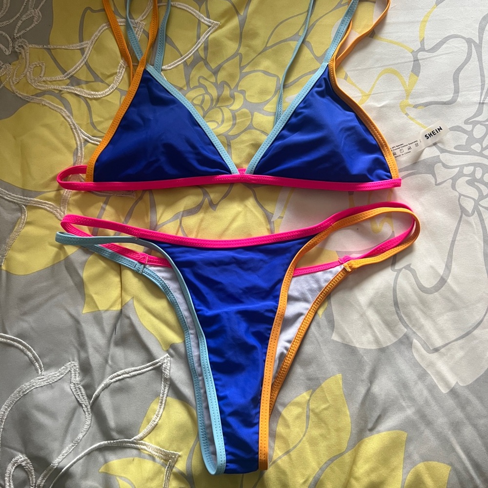 SHEIN Vibrant Blue Bikini with Pink and Orange Trim
